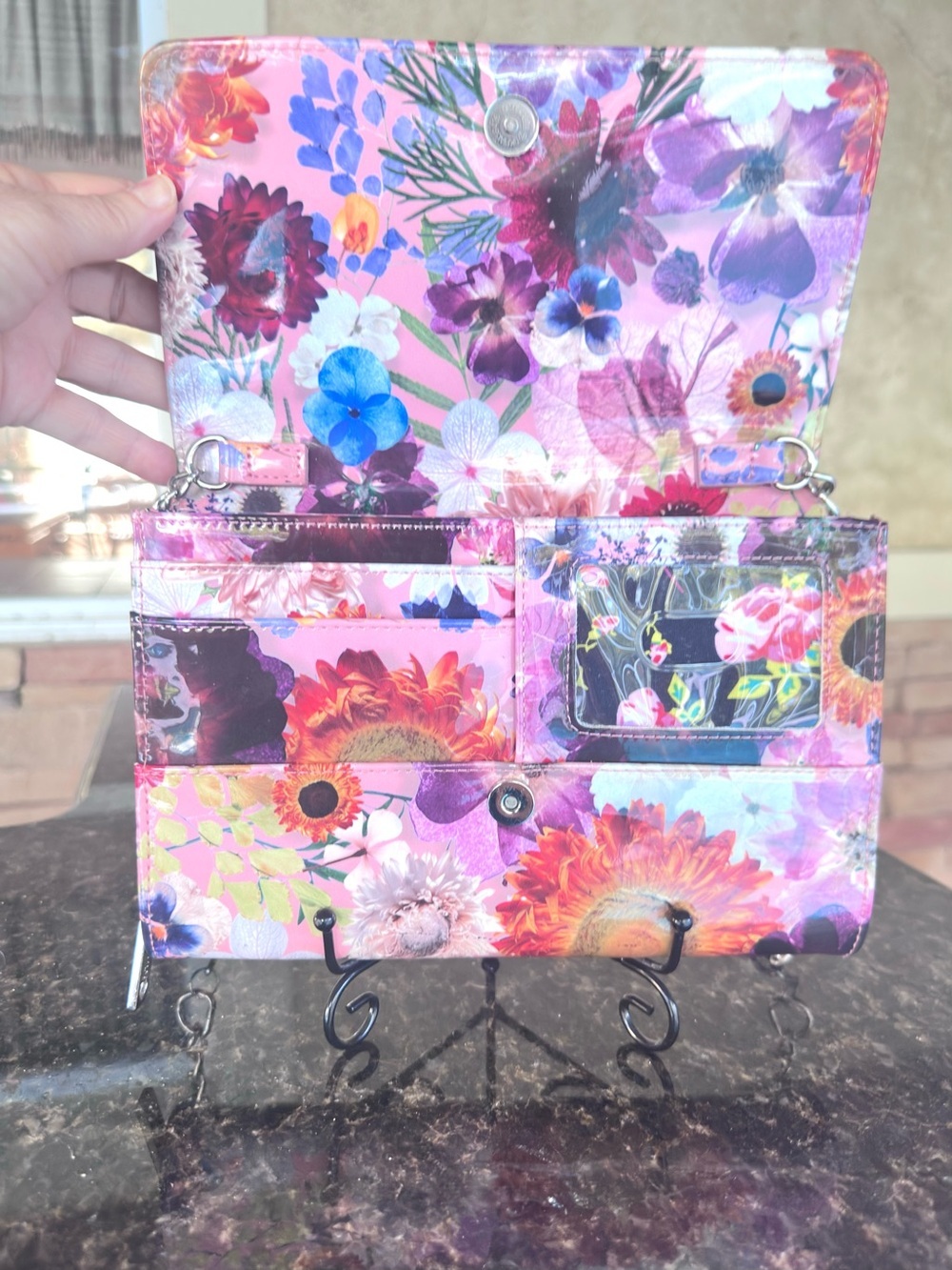 BETSEY JOHNSON Vibrant Floral Print Shoulder Bag w/Silver Crossbody Chain - Picture 11 of 17